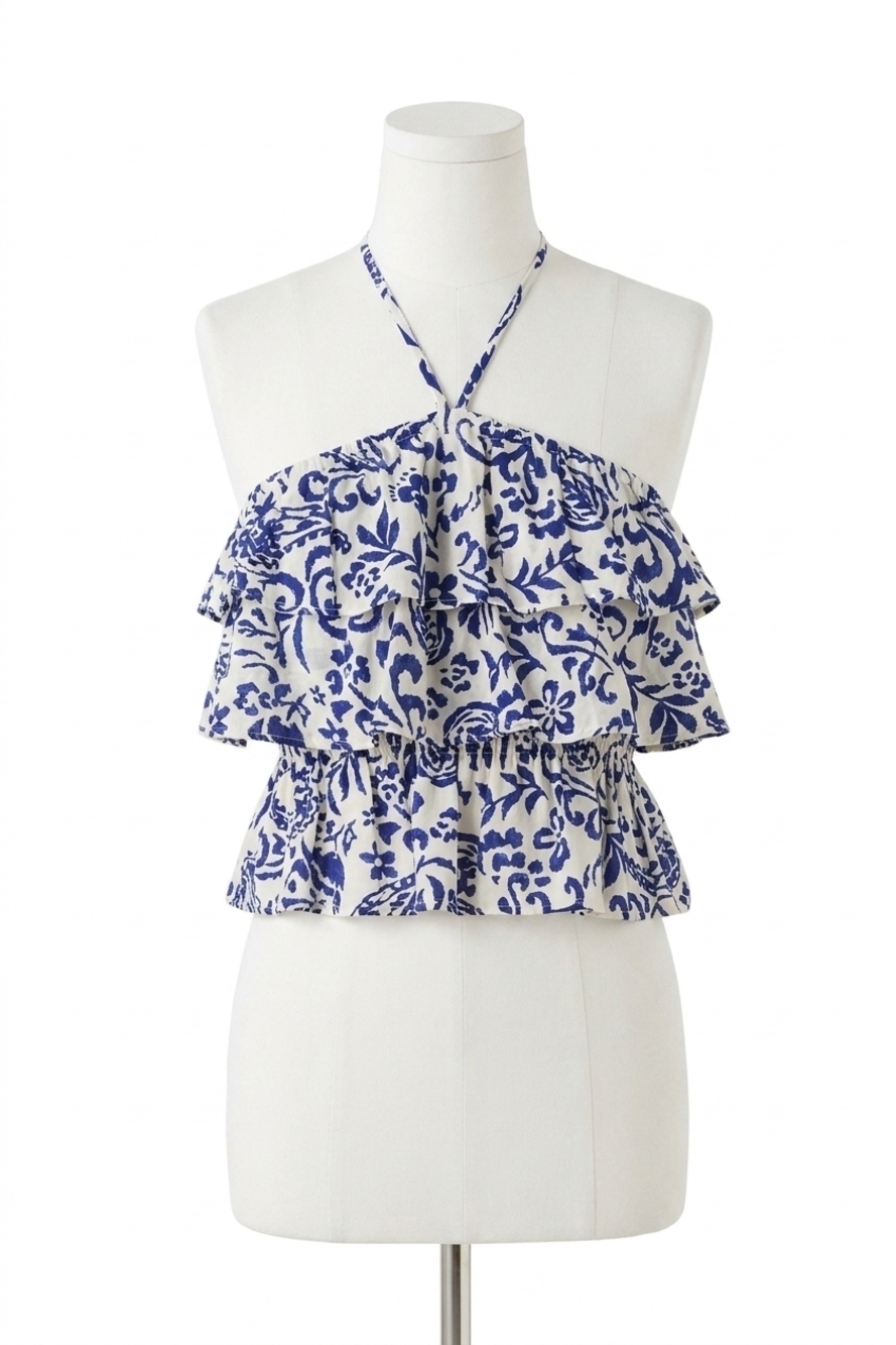 NEW BY TOGETHER flower print layered halter neck top in ivory blue